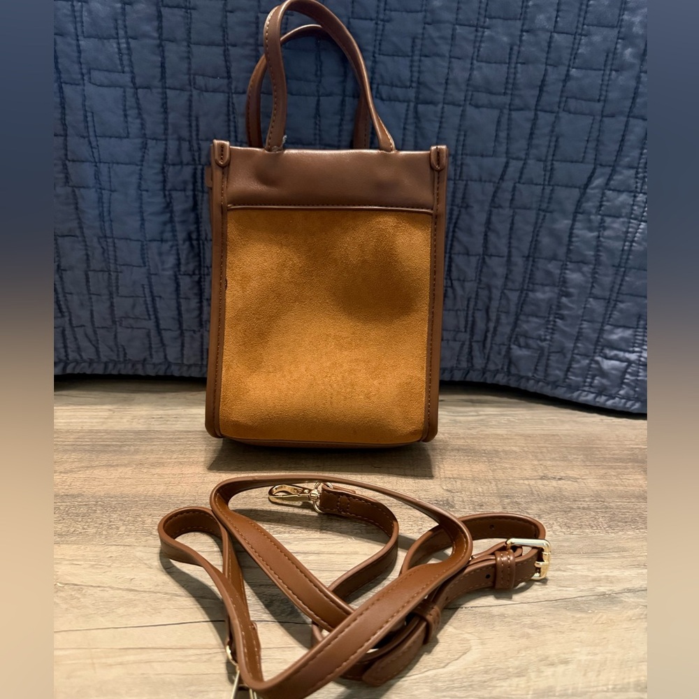 Brown and Tan Leather Handbag with Strap